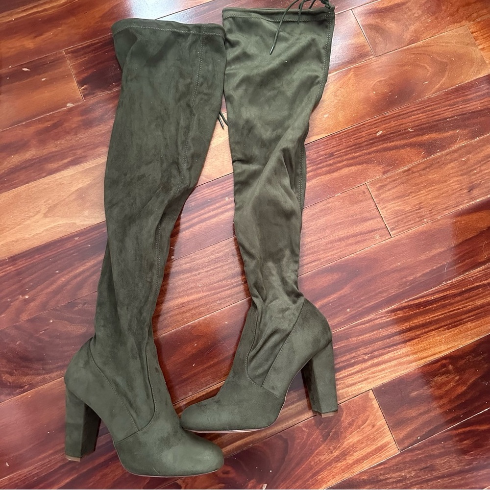 Olive Green Over The Knee Boots High Heeled Size 10 | Faux Suede Olivia Jaymes